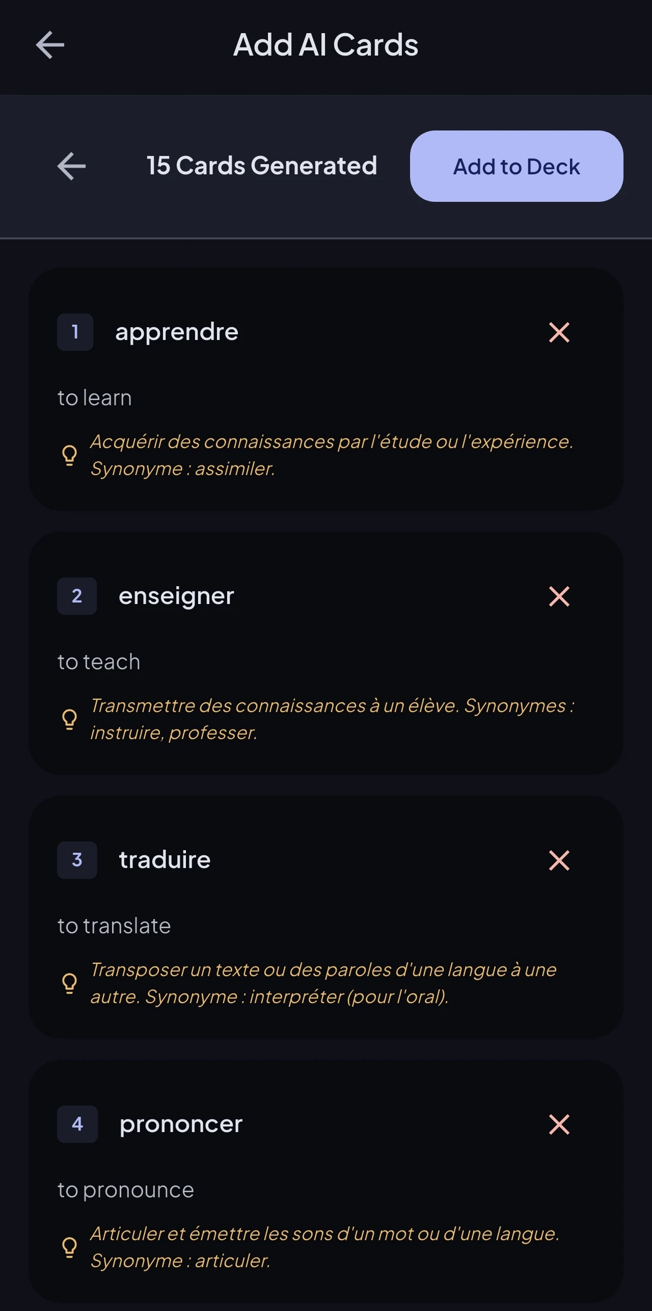 AI-generated flashcards ready to add to a deck